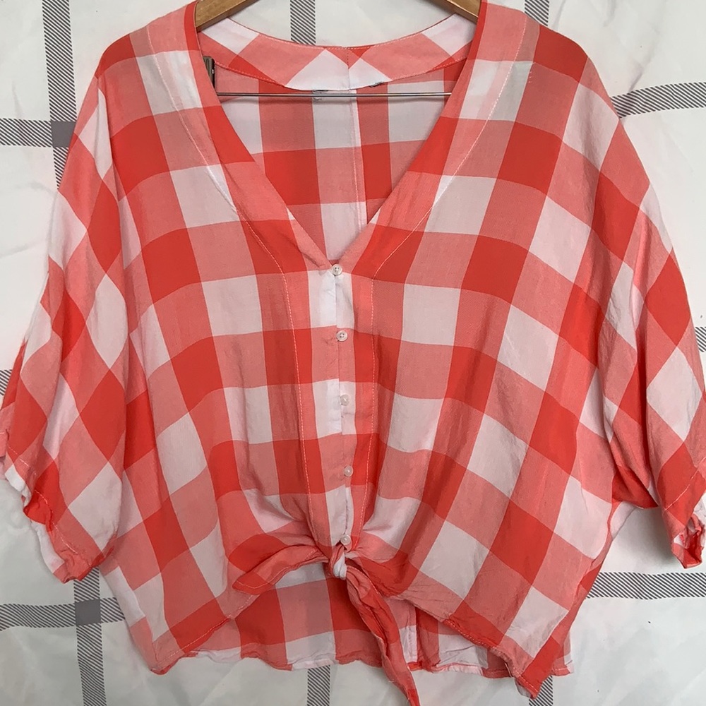 white and pink cropped button up blouse